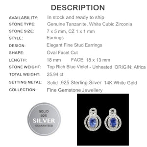 10.46 ct Natural Unheated Tanzanite Gemstone Solid .925 Silver Fine Earrings - BELLADONNA
