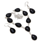 Natural Black Onyx Gemstone .925 Silver Necklace And Earrings Set - BELLADONNA