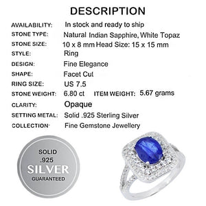 Exquisite Natural Indian Sapphire Quartz, White Topaz Solid .925 Sterling Silver Ring Size 7.5 - BELLADONNA