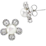7.54 Cts Natural Freshwater White Pearl, White Topaz Solid .925 Silver Stud Earrings - BELLADONNA