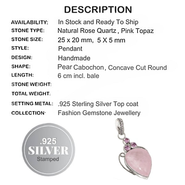 Natural Pink Rose Quartz, Pink Topaz Pendant 925 Silver - BELLADONNA