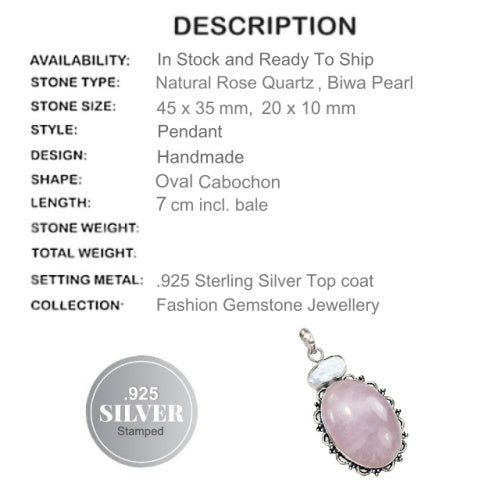 Natural Oval Pink Rose Quartz, Biwa Pearl .925 Sterling Silver Pendant - BELLADONNA