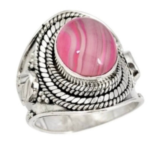 Natural Pink Botswana Lace Agate, Gemstone Solid .925 Silver Ring Size US 8 / UK Q - BELLADONNA