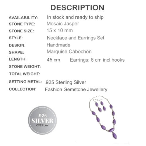 Handmade Lilac Mosaic Jasper Gemstone .925 Silver Necklace & Earrings Set - BELLADONNA