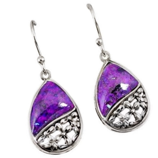 Natural Copper Purple Turquoise Gemstones Solid .925 Silver Sterling Earrings - BELLADONNA