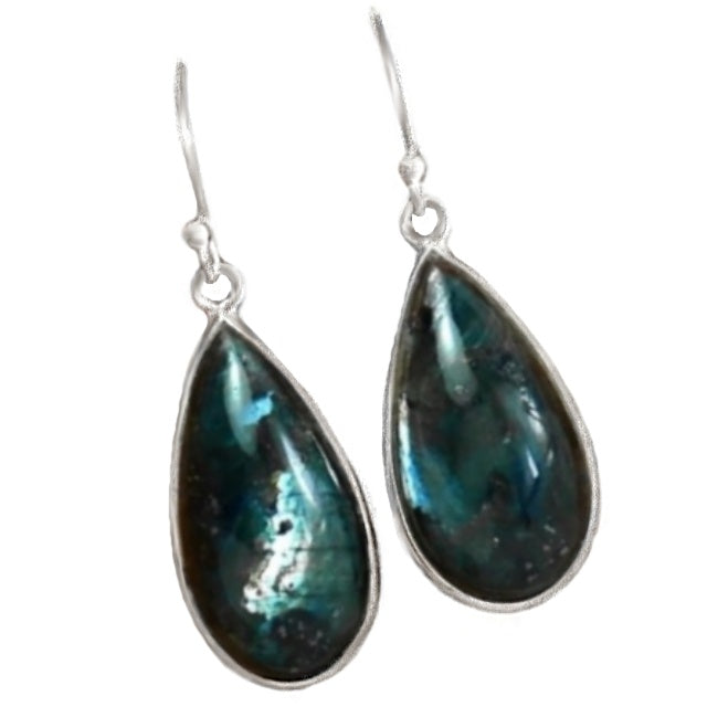 Natural Larvikite Black Moonstone Gemstone Solid .925 Sterling Silver Earrings - BELLADONNA