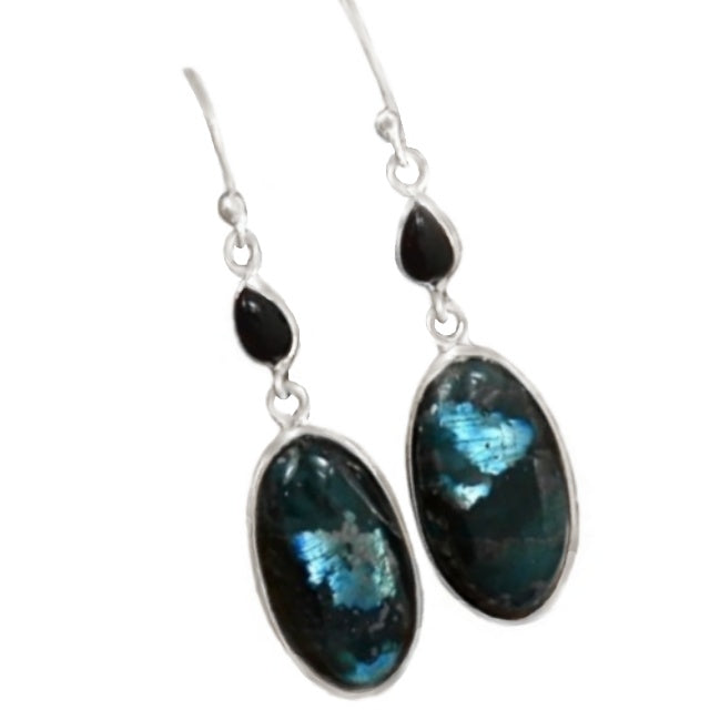 Night Sky Natural Larvikite Black Moonstone, Black Onyx Gemstone Solid .925 Sterling Silver Earrings - BELLADONNA