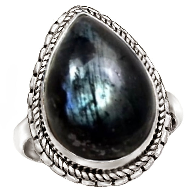 Norwegian Natural Larvikite Black Moonstone Gemstone Solid .925 Sterling Silver Ring Size 6/ M - BELLADONNA
