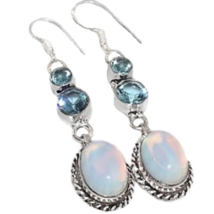 Opalite Oval and Blue Topaz Gemstone .925 Sterling Silver Earrings - BELLADONNA