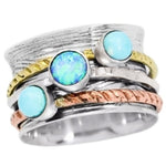 Victorian Three Tone Turquoise, Fire Opal Gemstone Solid .925 Silver Spinner Ring Size 7 - BELLADONNA