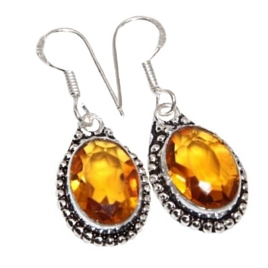 Antique Style Faceted Sunny Citrine Ovals Silver Plated Earrings - BELLADONNA