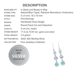 Natural Unheated Aqua Chalcedony, Blue Topaz , Rainbow Moonstone Gemstone Solid .925 S/ Silver Earrings - BELLADONNA