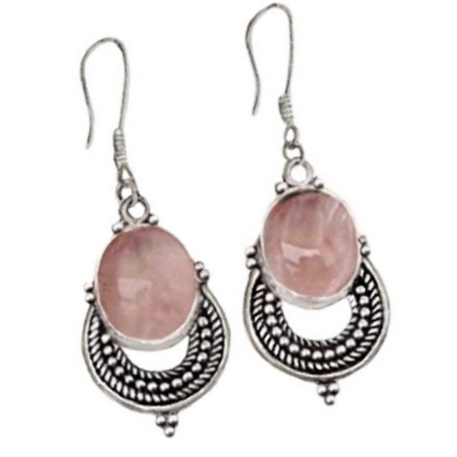 Natural  Pink Rose Quartz Solid .925 Sterling Silver Earrings - BELLADONNA