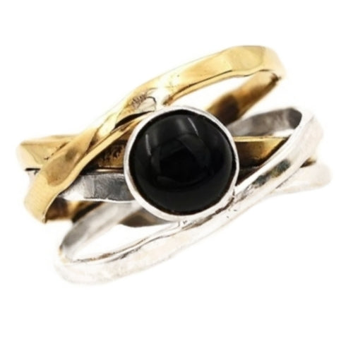 Two Tone Natural Black Onyx 100 % Solid .925 Silver Ring Size US 8.5 - BELLADONNA