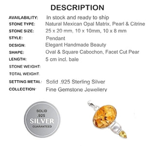 Mexican Opal Matrix, Pearl, Citrine Pendant Solid .925 Sterling Silver - BELLADONNA