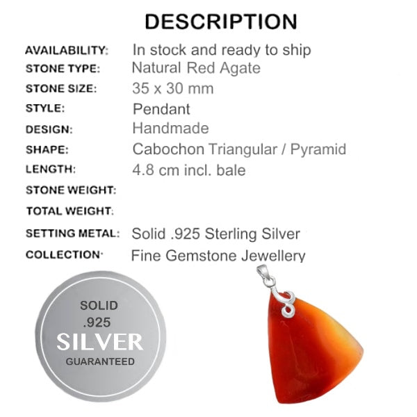 Natural Red Agate Gemstone Solid .925 Sterling Silver Pendant - BELLADONNA