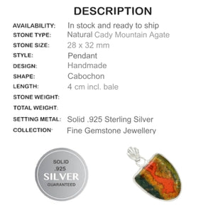 Beautiful Natural Cady Mountain Agate Solid .925 Sterling Silver Pendant - BELLADONNA