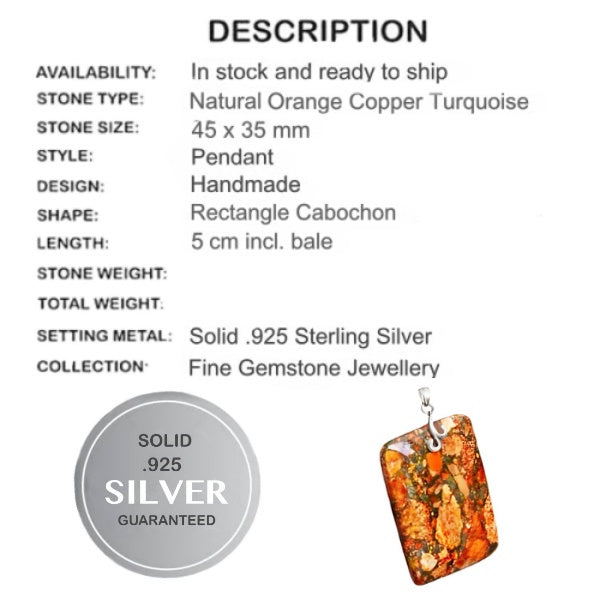 Natural Orange Copper Turquoise  Solid .925 Sterling Silver Pendant - BELLADONNA