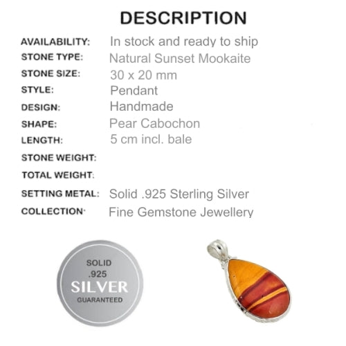 Captivating Sunset Mookaite Gemstone Solid .925 Sterling Silver Pendant - BELLADONNA