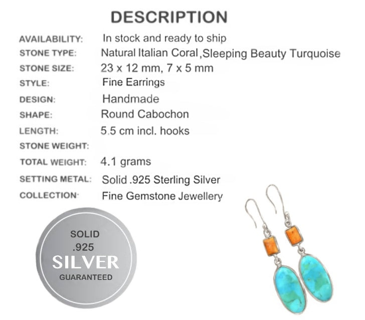 New Arrival Natural Italian Coral, Sleeping Beauty Turquoise Solid .925 Sterling Silver Earrings - BELLADONNA