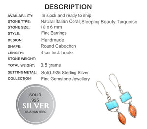 New Arrival Natural Italian Coral, Sleeping Beauty Turquoise Solid .925 Sterling Silver Earrings - BELLADONNA