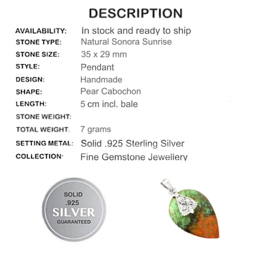 Natural Sonora Sunrise Gemstone Solid .925 Sterling Silver Pendant - BELLADONNA