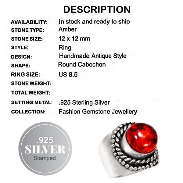Pressed Amber Gemstone In .925 Silver Ring Size 8.5 - BELLADONNA