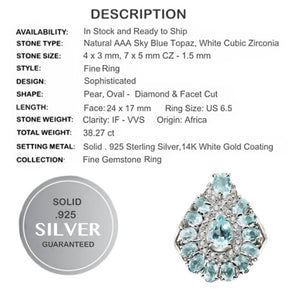 Genuine Natural Sky Blue Topaz, White Cubic Zirconia Gemstone Solid .925 Silver Size 6.5 - BELLADONNA