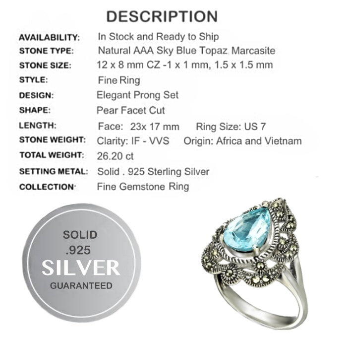 Natural Pear Shape Sky Blue Topaz Gemstone Solid .925 Sterling Silver Ring Size 7 - BELLADONNA
