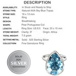 38 cts Genuine Portuguese Cut Sky Blue Topaz Pear Gemstone Solid .925 Silver Size 8.5 - BELLADONNA