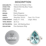 26.74 cts Natural Pear Cut Sky Blue Topaz Gemstone Solid .925 Silver Size 6.5 - BELLADONNA