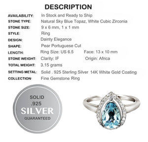 Natural Sky Blue Topaz White Cz Solid .925 Sterling Silver Size 6.5 - BELLADONNA