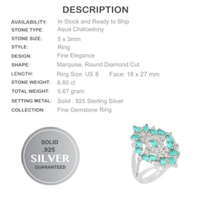 Natural Aqua Chalcedony , White Topaz Gemstone Solid .925 Silver Ring Size US 8 - BELLADONNA