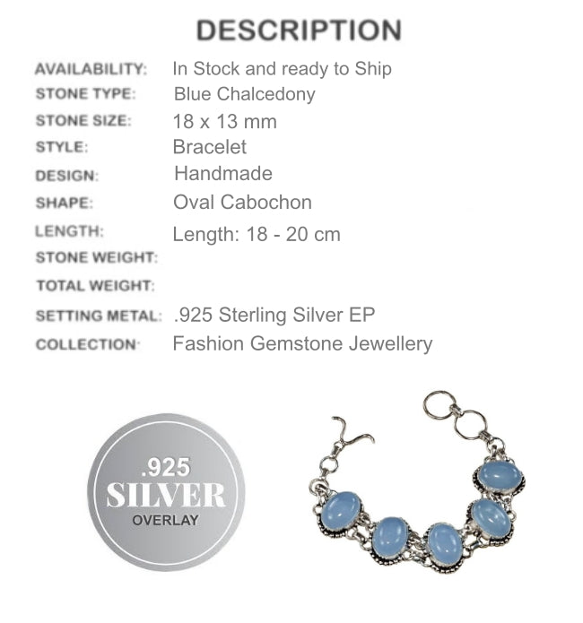 Blue Chalcedony Oval Gemstone .925 Sterling Silver Bracelet - BELLADONNA
