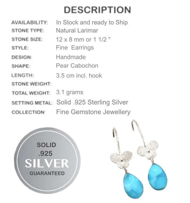 Natural Caribbean Larimar Solid .925 Sterling Silver Earrings - BELLADONNA