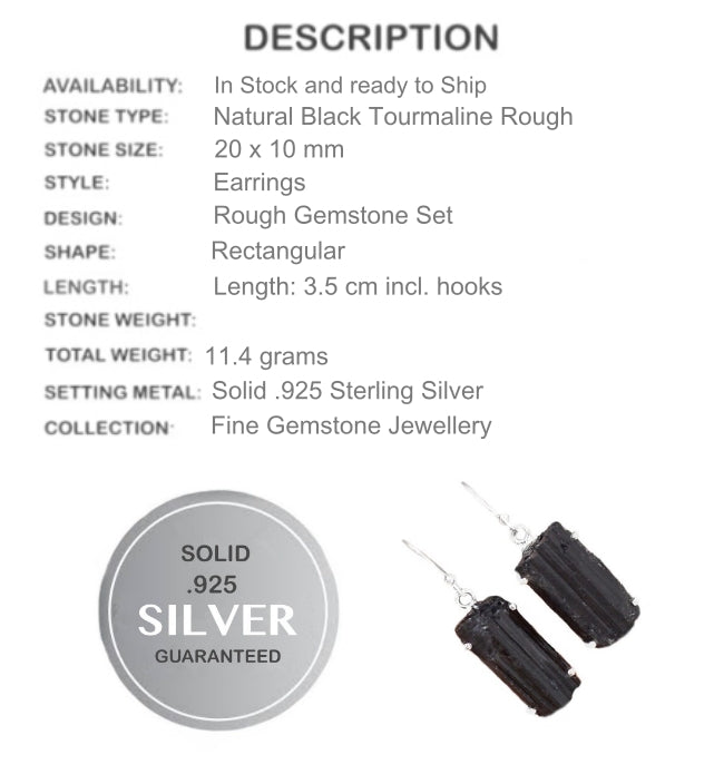 Natural Black Tourmaline Rough Gemstone Solid .925 Sterling Silver Earrings - BELLADONNA