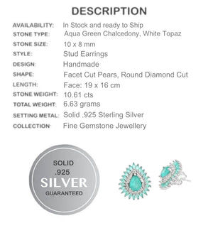 10.61 cts Aqua Green Chalcedony, White Topaz Solid .925 Silver Fine Stud Earrings - BELLADONNA