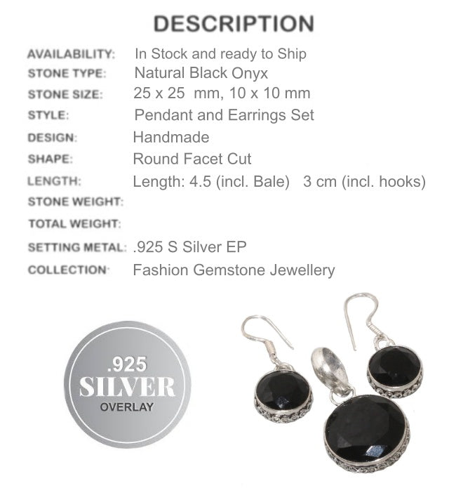 Natural Faceted Black Onyx .925 Silver Pendant & Earrings Set - BELLADONNA
