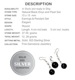 Natural Round Black Onyx, White Pearl .925 Silver Pendant & Earrings Set - BELLADONNA