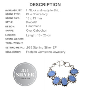 Antique Style Blue Chalcedony Oval Gemstone .925 Sterling Silver Bracelet - BELLADONNA