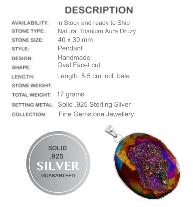 Natural Titanium Aura Druzy In Solid 925 Sterling Silver Pendant - BELLADONNA