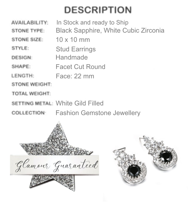 Handmade Black Sapphire and White Cubic Zirconia White Gold Filled Stud Earrings - BELLADONNA