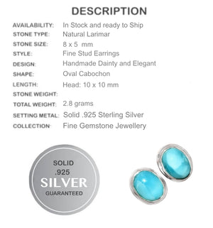 Natural Caribbean Larimar Solid .925 Sterling Silver Stud Earrings - BELLADONNA