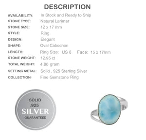 Natural Caribbean Larimar Solid .925 Sterling Silver Ring Size 8 - BELLADONNA