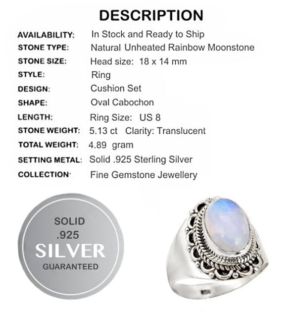 5.13 cts Natural Rainbow Moonstone Solid .925 Sterling Silver Ring Size US 8 or Q - BELLADONNA