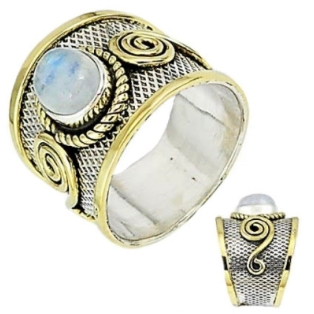3.22 cts Natural Blue Schiller Rainbow Moonstone Solid .925 Sterling Silver Ring Size 9 - BELLADONNA