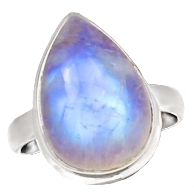 Natural Rainbow Moonstone Pear Shape Solid .925 Sterling Silver Ring Size US 7.5 or P - BELLADONNA