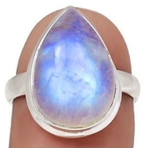 Natural Rainbow Moonstone Pear Shape Solid .925 Sterling Silver Ring Size US 7.5 or P - BELLADONNA