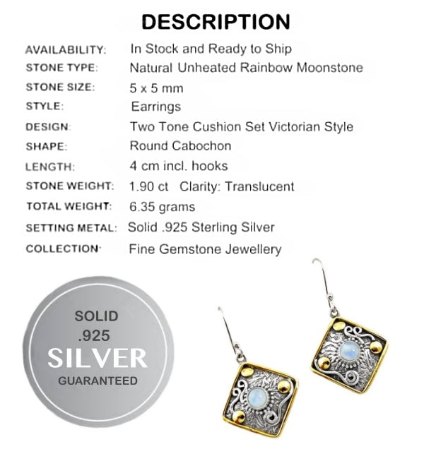 Two Tone Natural Rainbow Moonstone Gemstone Solid .925 Sterling Silver Earrings - BELLADONNA