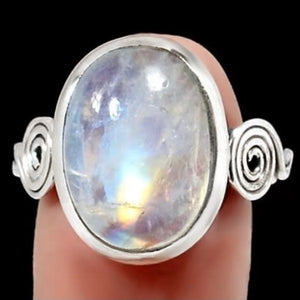 Incredible Natural Rainbow Moonstone Oval Solid .925 Silver Ring Size 8 or Q - BELLADONNA